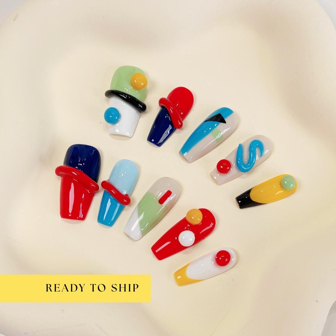 Colorful Geometric Press On Nails, geometric nails, 3d nails, art nails, kawaii nails, y2k nails, fake nails, coffin nails, RTS PO019