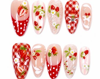 Red strawberry polkadot french tips press on nails, fruit nails, strawberry nails, red nails, polkadot nails, stripe nails, PO203