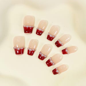 Red french press on nails, red nails, coffin nails, short nails, reusable nails, french nails, fake nails, glue on nails, gift for, PO038