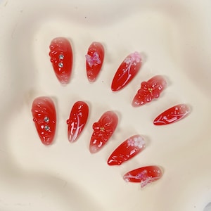 Red Ombre 3D Flower Press-On Nails: Almond Butterfly Handmade Nails