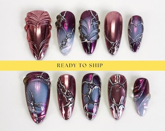 Purple chrome gothic press on nails, goth Nails, Chrome Nails, Purple Nails, Y2K nails, gothic nails, ombre nails, almond nails, PO119