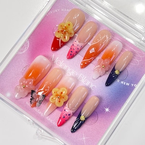 Presse de fleurs 3D orange sur les ongles, ongles stiletto, ongles de fleurs, ongles faits main, ongles longs, ongles 3d, ongles floraux, ongles aurora PO083