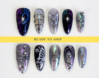 Y2k chrome Press On Nails, goth nails, Gothic Nails, y2k nails, chrome nails, butterfly nails, 3d press on nails, metallic nails, PO117