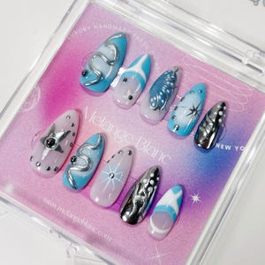 Blue Chrome Y2K Press On Nails: 3D Gothic Almond Fake Nails