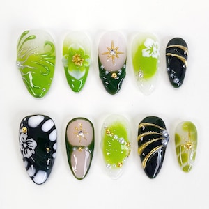 Handmade Green 3D Flower Press On Nails: Chrome Almond Style