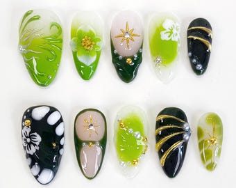 Uñas postizas cromadas con flores verdes, uñas verdes, uñas con flores, uñas cromadas, uñas estilo años 2000, uñas cortas, uñas almendradas, uñas cuadradas, PO136