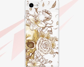 Clear Pixel 6 Pro Case Golden Skull Pixel 6 Case Flowers Pixel 5 5G Case Rose Pixel 5 Case Floral Pixel 4A 5G Pixel 4A Phone Case RA2275