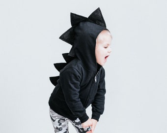 Kids dino hoodie, zip up hoodie, black dinosaur costume,  dragon hoodie, sparkle spikes, dinosaur birthday, dragon Halloween, toddler shirt