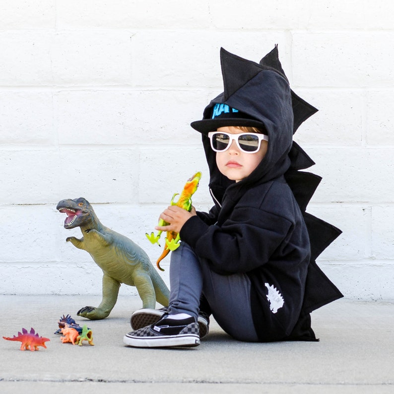 Dinosaur Hoodie, black dino hoodie, toddler zip up jacket, kids Halloween costume, dinosaur birthday party, kids dinosaur gifts image 1