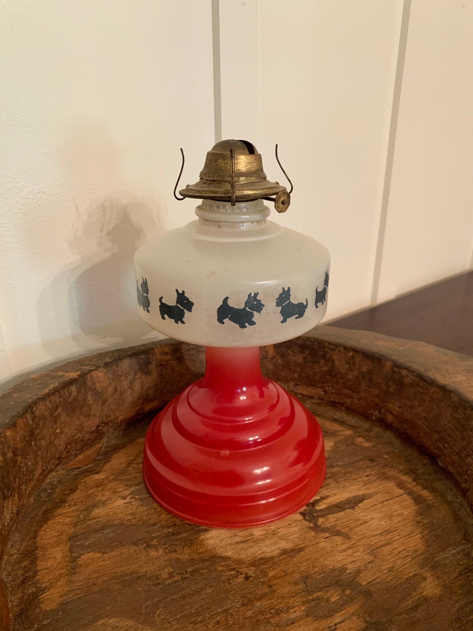 Vintage Oil Lamp With Scottish Terrier Dog Motif White and Red Etsy