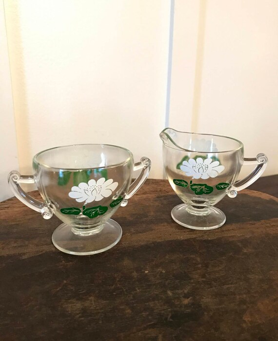 Vintage Clear Glass Sugar and Creamer Set With White Floral Etsy