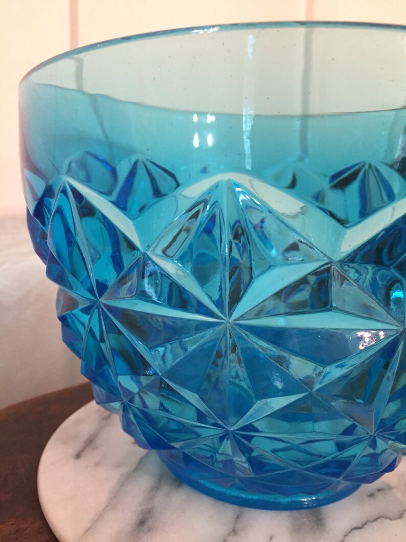 Vintage Blue Pressed Glass Serving Bowl With Diamond Point Etsy