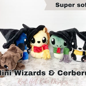 CUSTOM Wizard Set of 5 with Cerberus, Kawaii Chibi Plush, Wizarding World gift, stuffed Minky plush, soft plushie, badger lion snake raven