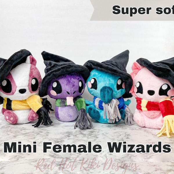 Wizard Set of 4 Female, Kawaii Chibi Plush, Wizarding World gift, stuffed Minky plush, soft Minky plushie, badger lion snake raven