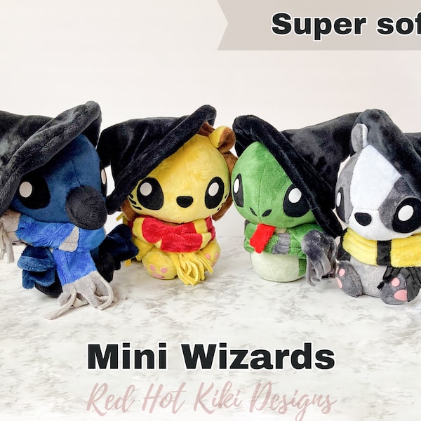 Wizard Set of 4, Kawaii Chibi Plush, Wizarding World gift, stuffed Minky plush, soft Minky plushie, badger lion snake raven