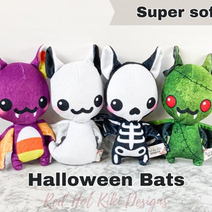 CUSTOM Halloween Fledermaus Plüschy 4er Set - Super weiche Minky Plüsch Chibi Candy Corn Fledermaus, Geister Fledermaus, Skelett Fledermaus, Zombie Fledermaus