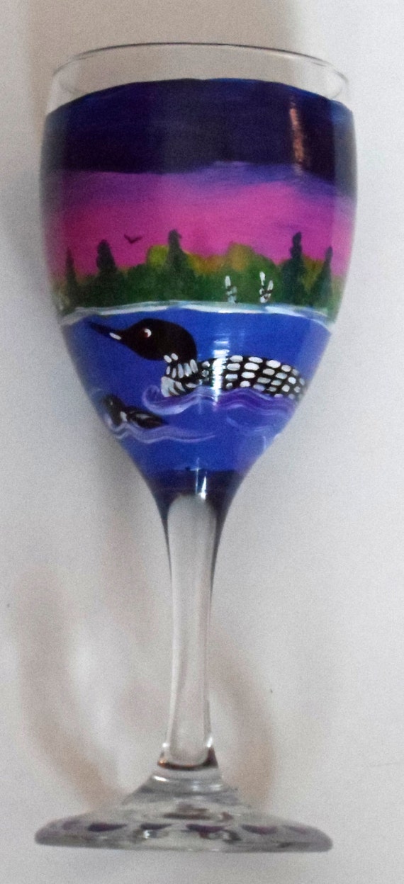 Loon Wine Glass, Loon Art, Hand Painted Wine Glass, Maine Art