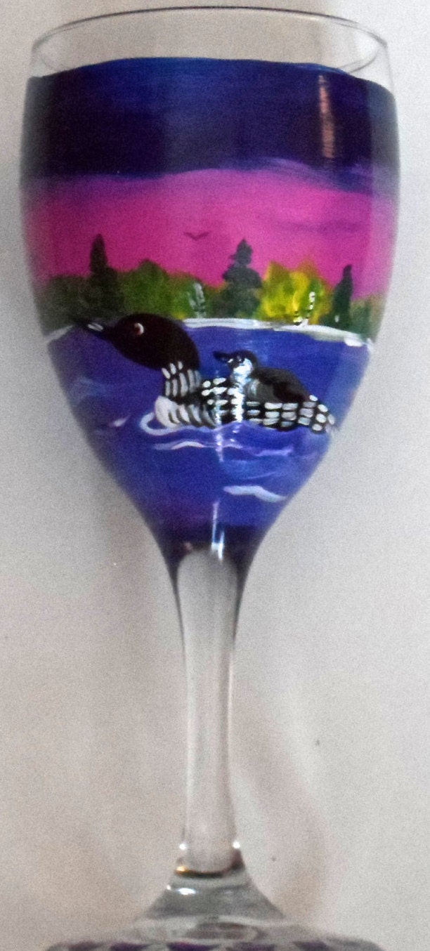 Loon Wine Glass, Loon Art, Hand Painted Wine Glass, Maine Art, Loon