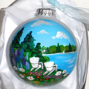 Adirondack Chair Ornament, coastal art, hand painted ornament, Maine art, coastal Christmas ball, the glass ornament is 3 1/4 round with bow