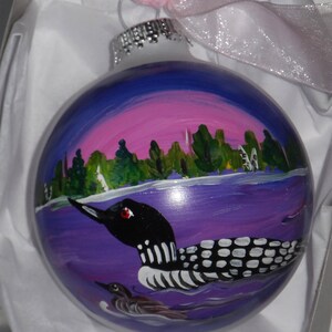 Loon Ornament, loon art, hand painted ornament, Maine art, loon ball, loon glass ornament 3 1/4 round with bow