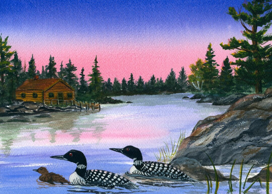 Loon Scene Loons on Lake Watercolor Print, Dusk Landscape - Etsy