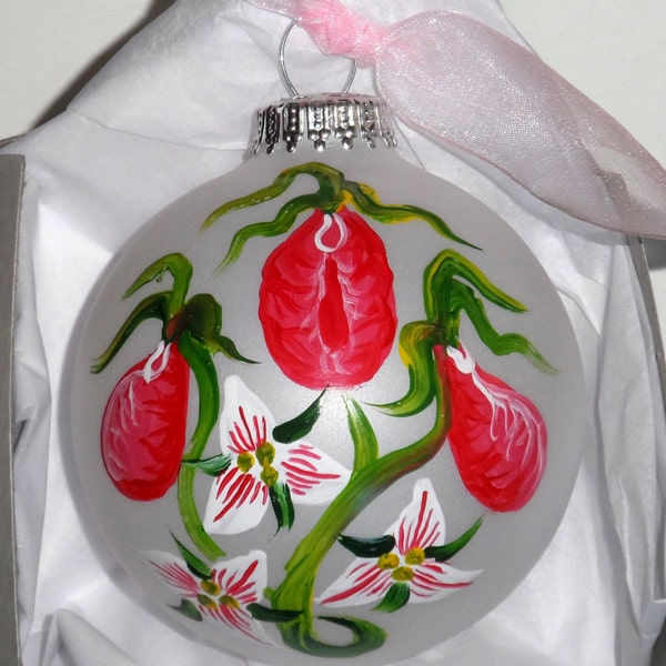 Lady Slipper Ornament, lady slipper art, hand painted ornament, lady slipper Christmas ball, FREE SHIPPING