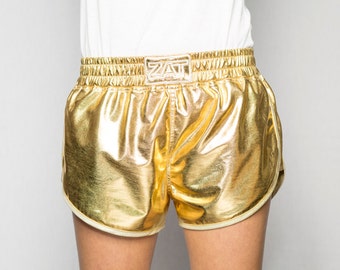 Golden boxing shorts lamé coated jersey fabric elastic waistband bias edge white gold ZAT GOLD NUGGET S.L 40/42 adult French manufacturing