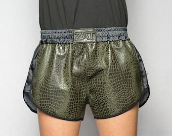 Shorts imitation leather style croco green belt and sides satin black bordered bias stretch satin black ZAT M. Ali GATOR T.L French Manufacture