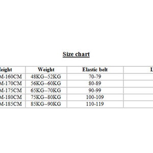 May include: Size chart for clothing with columns for size, height in centimeters, weight in kilograms, elastic belt size in centimeters, and length in centimeters.
