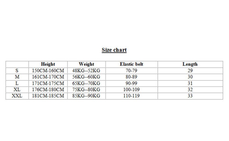 May include: Size chart for clothing with columns for size, height in centimeters, weight in kilograms, elastic belt size in centimeters, and length in centimeters.