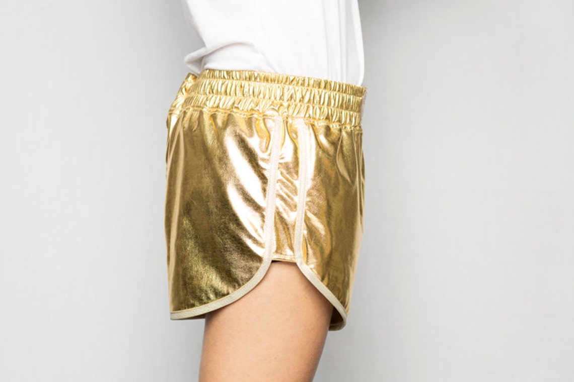 Short Gold Shorts Lamé Jersey Coated Bias White Gold Elastic Belt ZAT