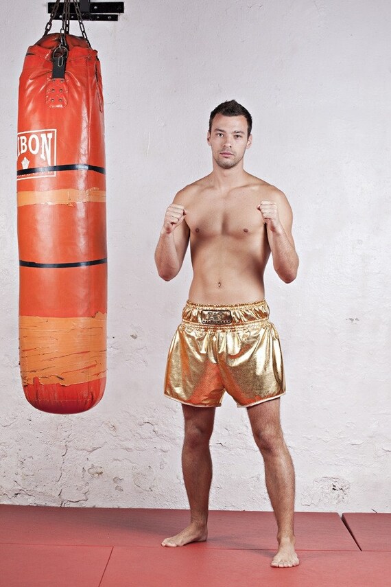 Short boxe thaï doré jersey enduit biais or blanc ZAT Gold Taille