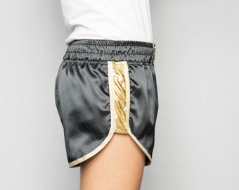 Shorts satin schwarz Erwachsene Unisex elastischer Gürtel Seiten Jersey beschichtet Gold umrandet Bias Weißgold ZAT GOLD DUST T.S 36/38 made in France