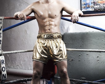 Thai boxing shorts golden jersey coated bias white gold ZAT Gold Size M