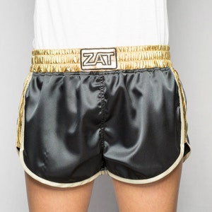 Shorts satin schwarz elastischer Gürtel und Seiten Jersey beschichtet gold umrandet Bias Weißgold ZAT BLACK GOLD T.L 40/42 made in France