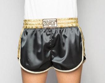 Shorts satin black elastic belt and sides jersey coated gold edged bias white gold ZAT BLACK GOLD T.L 40/42 made in France