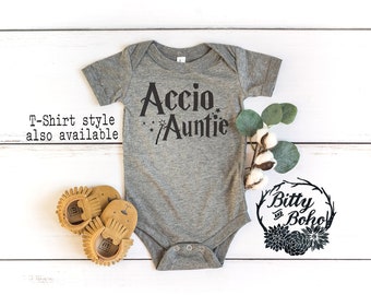 Accio Auntie Baby Bodysuit, Aunt Baby Gift, Funny Aunt Shirt, Cute Magic Baby Bodysuit, Pregnancy Announcement to Sister, Gray Bodysuit