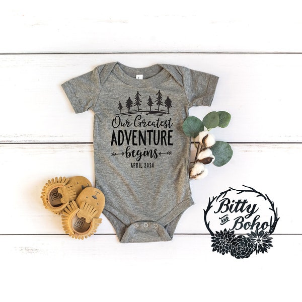 Our Greatest Adventure Begins Baby Bodysuit, Cute Pregnancy Reveal Baby Bodysuit, Pregnancy Announcement Shirt, Gray Baby Bodysuit