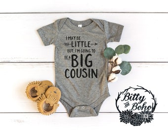 Body para bebé "Quizás sea pequeño, pero seré grande" (para primos), body para bebé "Nuevo primo", camiseta para anunciar el embarazo de un primo, body gris