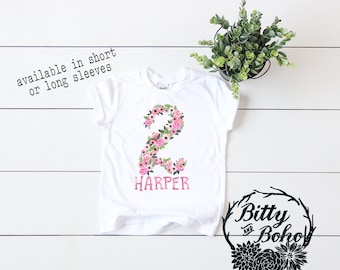 Benutzerdefinierte zweite Geburtstag Shirt, 2. Geburtstag Mädchen Shirt, personalisierte Name T-Shirt, Boho Geburtstag Shirt, Boho Kleinkind Shirt, süßes Floral Zwei Shirt