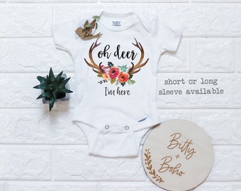 Personalized Baby Gifts Baby Name Onesie\u00ae Baby Shower Gift Oh Deer Onesie\u00ae Boho Baby Clothes Baby Girl Oh Deer I/'m Here Newborn Outfit