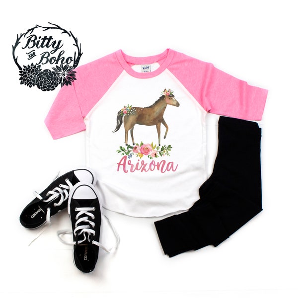 Custom Horse Shirt, Custom Birthday Girl Shirt, Boho Birthday Outfit Girl, Pink Raglan Shirt,Cute Birthday Outfit Girl,Floral Birthday Shirt