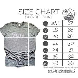 May include: A gray unisex t-shirt with a size chart. The chart lists sizes XS to 3XL, with corresponding width and length measurements in inches. The text "Bitty and Boho" is in the upper right corner.