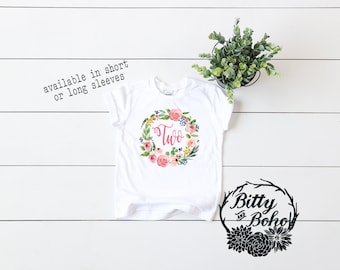 Camisa de dos, camisa floral de dos coronas para niña, camisa de segundo cumpleaños, camisa de segundo cumpleaños, camisa de cumpleaños boho para niña, camisa de niño pequeño