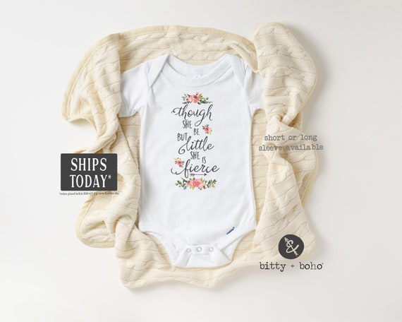 Cozy Bear Boutique Though She Be but Little She is Fierce Baby Bodysuit Baby Girl Bodysuit for Babies White