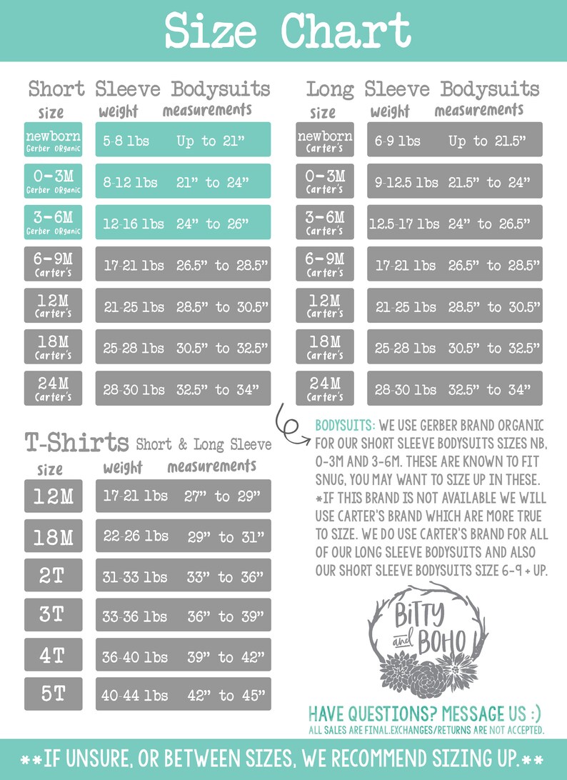 Puede incluir: Tabla de tallas para bodies y camisetas de beb&eacute;, que enumera tallas, pesos en kg y medidas en cm. Incluye las marcas Gerber Organic y Carter's. Con el logotipo de Bitty and Boho.