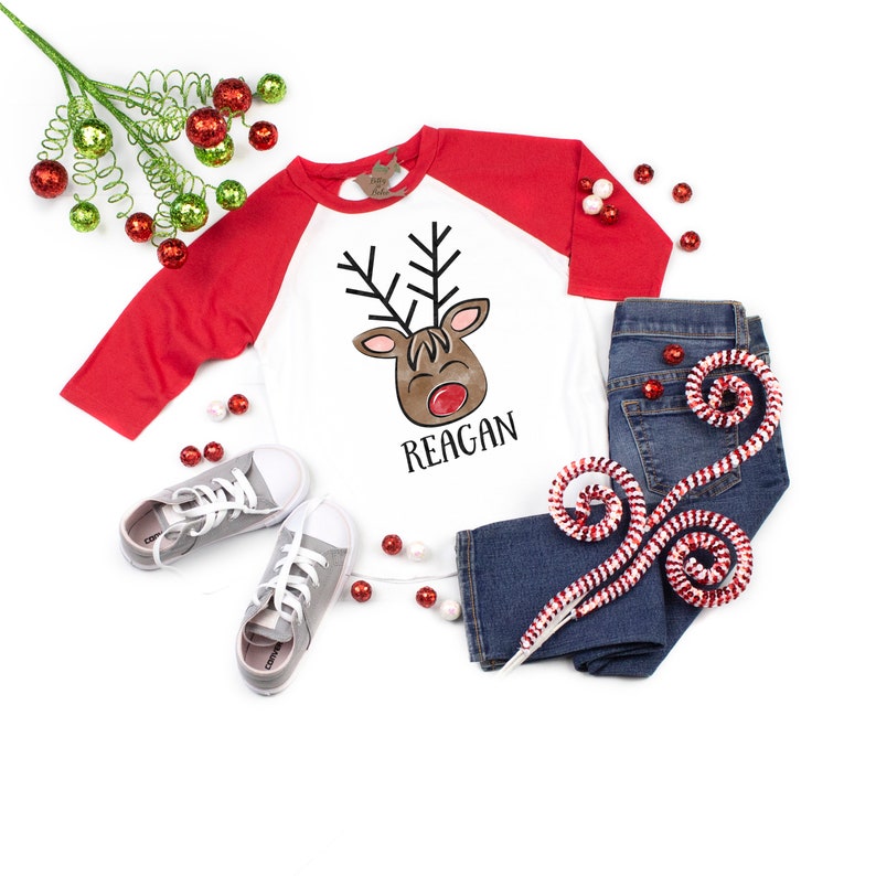 Christmas Baby Outfit Custom Reindeer Shirt Red Raglan Tee Cute Christmas Shirts Personalized Christmas Shirts Christmas Baseball Shirt
