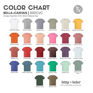 K&ouml;nnte beinhalten: Farbkarte f&uuml;r das Unisex Heather CVC Kurzarm-T-Shirt Bella+Canvas 3001CVC. Enth&auml;lt eine Vielzahl von Farben wie Wei&szlig;, Grau, Orange, Rosa, Rot, Blau, Gr&uuml;n und Gelb. Der Text "bitty + boho" ist ebenfalls sichtbar.