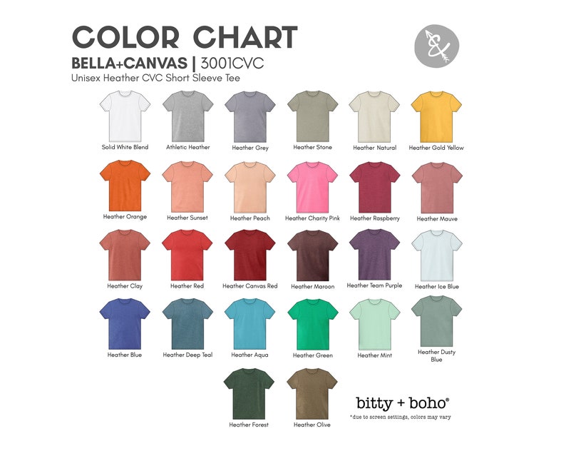 K&ouml;nnte beinhalten: Farbkarte f&uuml;r das Unisex Heather CVC Kurzarm-T-Shirt Bella+Canvas 3001CVC. Enth&auml;lt eine Vielzahl von Farben wie Wei&szlig;, Grau, Orange, Rosa, Rot, Blau, Gr&uuml;n und Gelb. Der Text "bitty + boho" ist ebenfalls sichtbar.