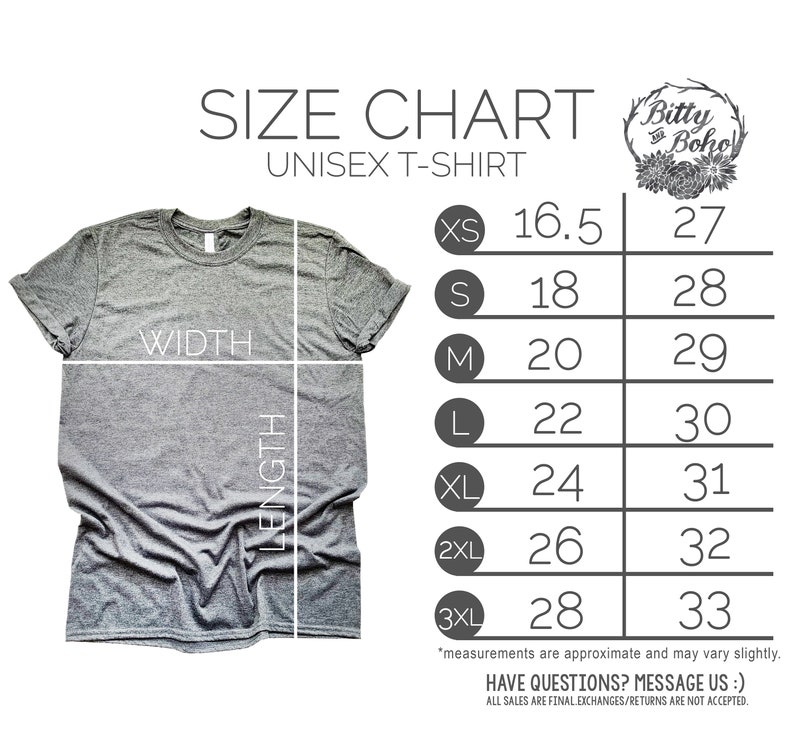 Puede incluir: Una camiseta unisex gris con una tabla de tallas. La tabla enumera las tallas XS a 3XL, con las medidas de ancho y largo correspondientes en cent&iacute;metros. El texto "SIZE CHART" y "UNISEX T-SHIRT" est&aacute;n en la parte superior.